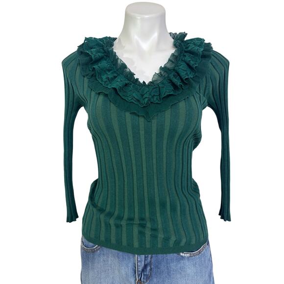 Vintage Evie Silk Ribbed Top Medium Victorian Green Lace Collar Holiday - Picture 5 of 13